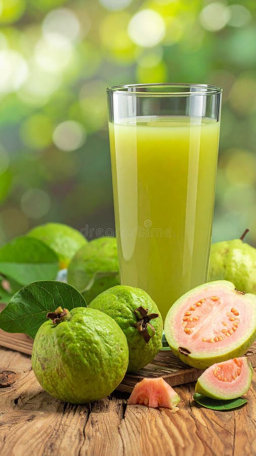 Guava juice and fresh fruit refreshment on a wooden table, close up stock illustration