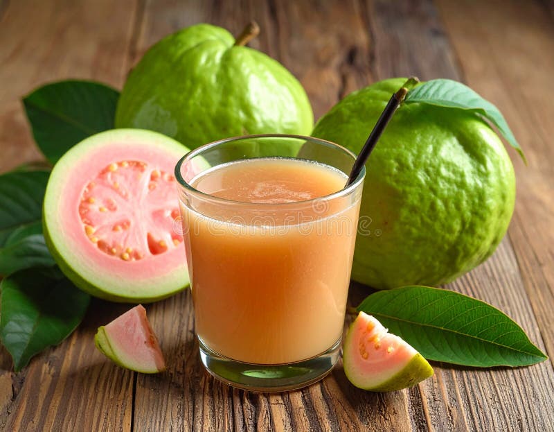 Guava juice and fresh fruit refreshment on a wooden table, close up royalty free illustration