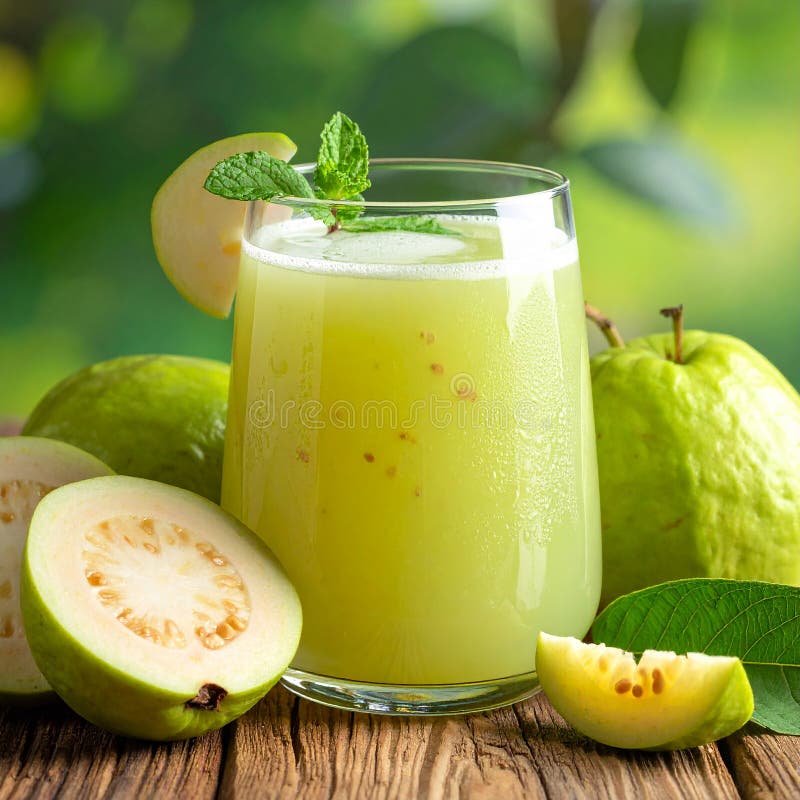 Guava juice and fresh fruit refreshment on a wooden table, close up royalty free illustration
