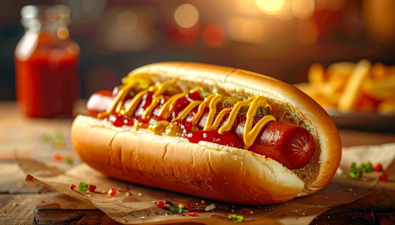 A close-up, mouth-watering shot of a perfectly prepared hot dog nestled in a soft bun. It's generously topped with vibrant red ketchup and bright yellow mustard, with visible pickle relish. The background features a blurred bottle of ketchup and a hint of french fries, suggesting a classic meal. The image is set against a rustic wooden table with scattered spices, creating a warm and inviting atmosphere. Ideal for food blogs, restaurant menus, or advertising fast food. Pickle relish illustrations