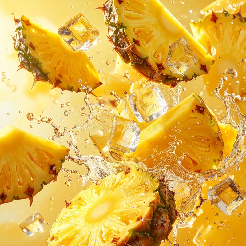 Fresh pineapple slices and rings spinning mid-air with water splashes, ice cubes, and golden juice trails. vector illustration