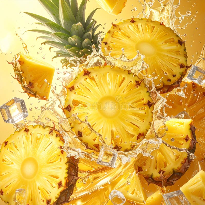 Fresh pineapple slices and rings spinning mid-air with water splashes, ice cubes, and golden juice trails. vector illustration