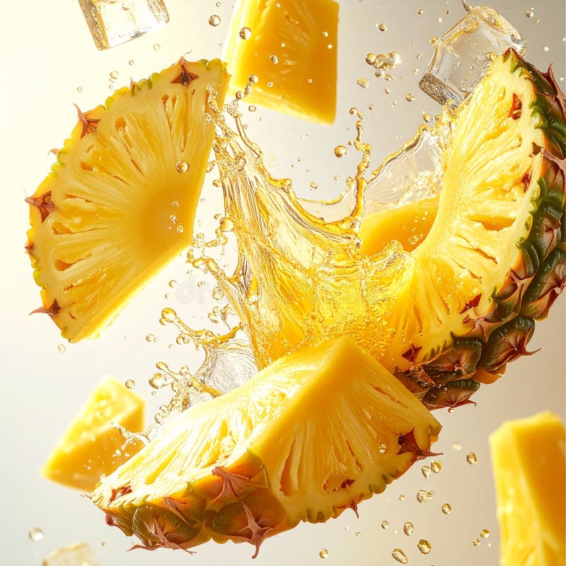Fresh pineapple slices and rings spinning mid-air with water splashes, ice cubes, and golden juice trails. vector illustration