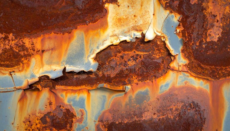Corroded metal surface featuring peeling layers of rust in rich shades of orange, red, and brown, with hints of blue-gray. The texture is rough and flaky, illustrating advanced oxidation and weathering. The image captures the natural patterns formed by rust over time, creating a striking visual contrast. Rust shades illustrations