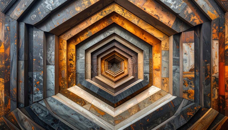Hexagonal tunnel with a textured, geometric design. Panels feature a metallic finish in shades of rust, gray, and orange. Layers create an optical illusion of depth, drawing the eye towards the center. The sharp, angular pattern is reminiscent of industrial or futuristic architecture. Shadows and highlights add dimension, enhancing the illusion of a continuous pathway. The intricate use of color and texture gives a vivid, 3D effect. Rust shades illustrations