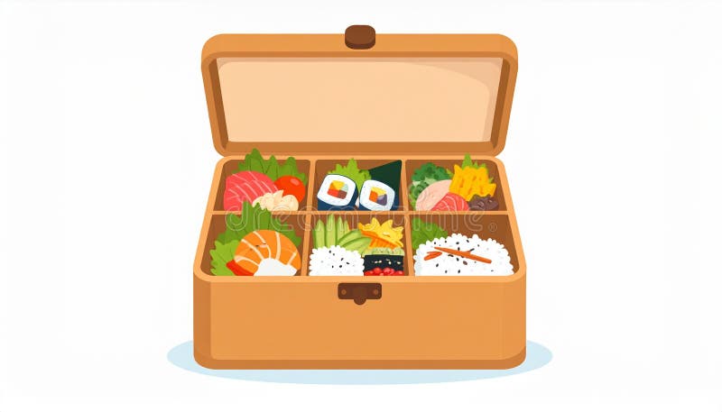 Generated using AI. A Japanese bento box featuring an assortment of sushi, sashimi, and other traditional foods is depicted. royalty free illustration