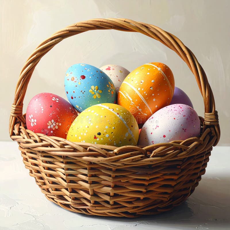 Colorful Easter eggs in wicker basket against light background, closeup stock illustration