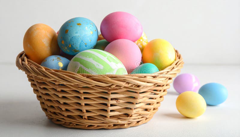 Colorful Easter eggs in wicker basket against light background, closeup vector illustration