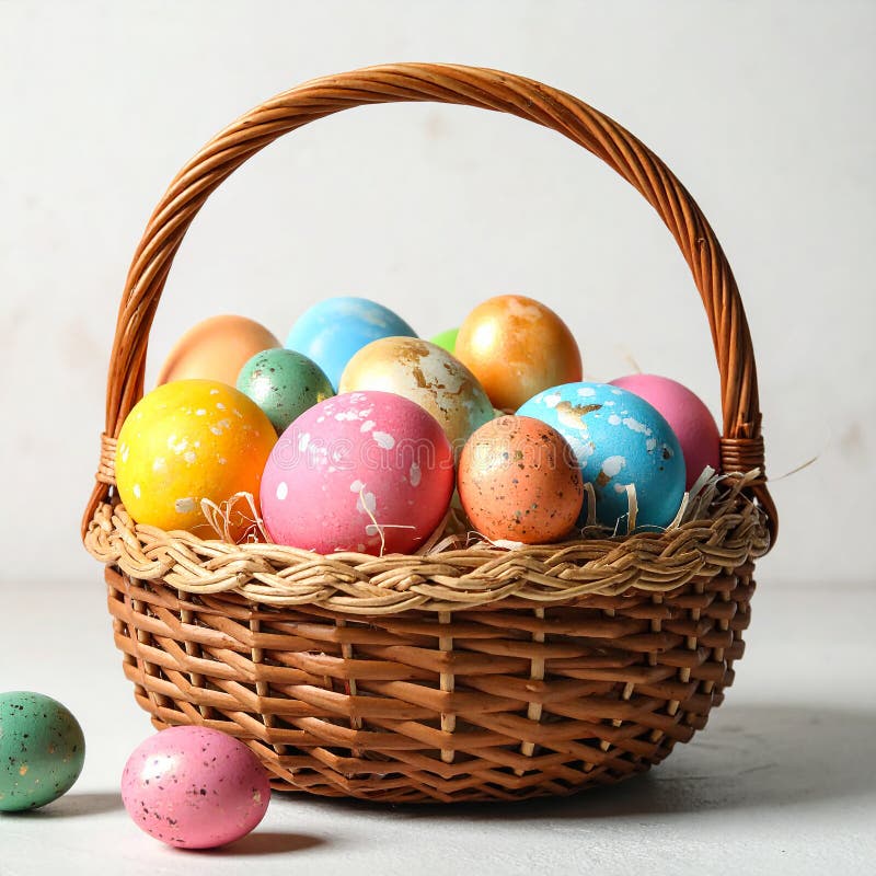 Colorful Easter eggs in wicker basket against light background, closeup royalty free illustration