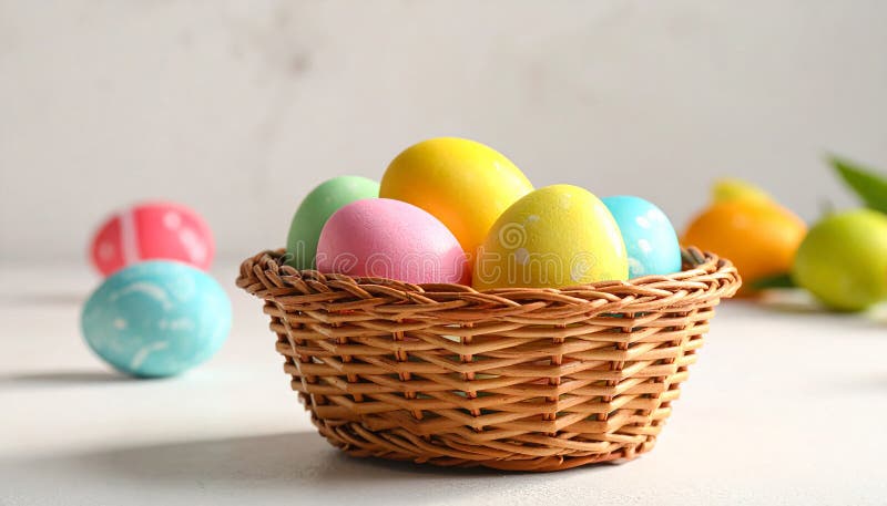 Colorful Easter eggs in wicker basket against light background, closeup vector illustration