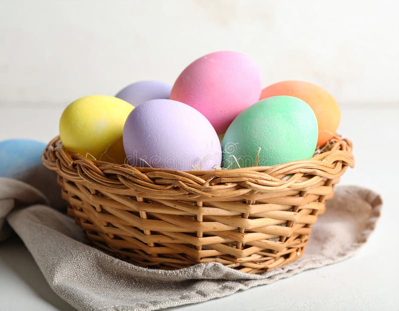 Colorful Easter eggs in wicker basket against light background, closeup stock illustration