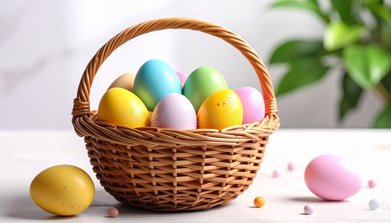 Colorful Easter eggs in wicker basket against light background, closeup royalty free illustration