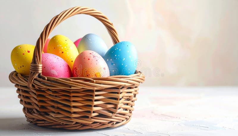 Colorful Easter eggs in wicker basket against light background, closeup royalty free illustration