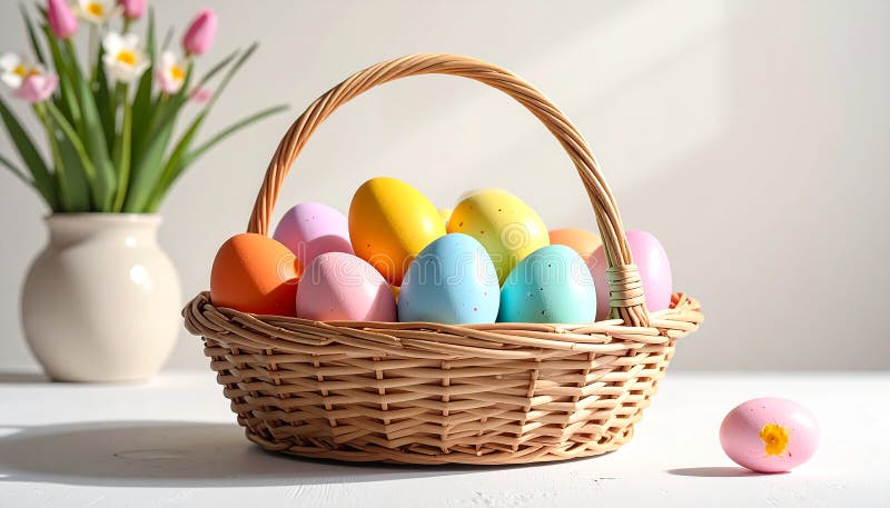 Colorful Easter eggs in wicker basket against light background, closeup stock illustration