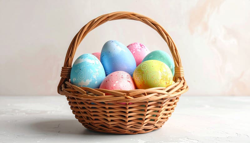 Colorful Easter eggs in wicker basket against light background, closeup vector illustration