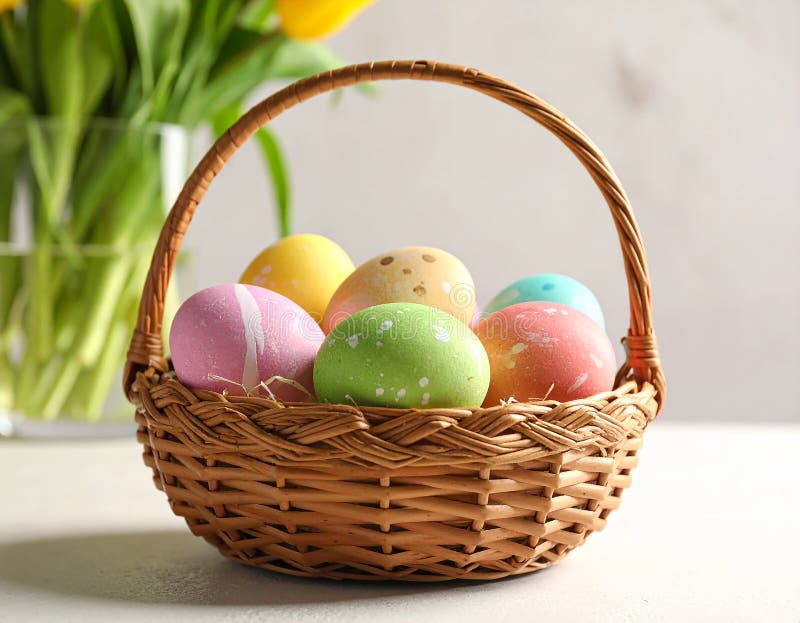 Colorful Easter eggs in wicker basket against light background, closeup stock illustration