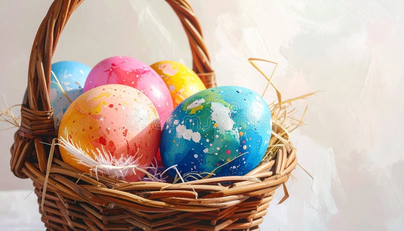 Colorful Easter eggs in wicker basket against light background, closeup stock illustration