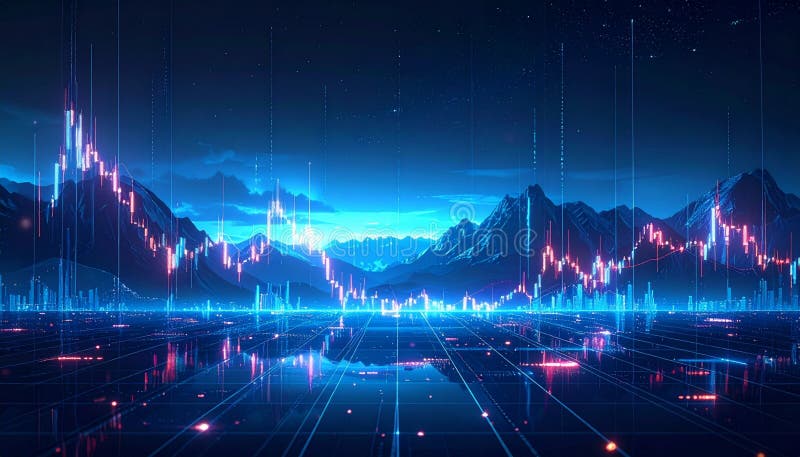 An abstract and futuristic digital landscape featuring glowing financial candlestick charts resembling mountain ranges against a dark, starry sky. A reflective grid with illuminated nodes stretches across the foreground, emphasizing data connectivity and technological advancement. The vibrant blue and magenta hues highlight market trends, investment opportunities, and the dynamic nature of the global digital economy. This high-tech illustration is ideal for themes related to cryptocurrency, stock trading, blockchain technology, big data analysis, and the future of finance. Blockchain network analysis stock images, royalty-free photos and pictures