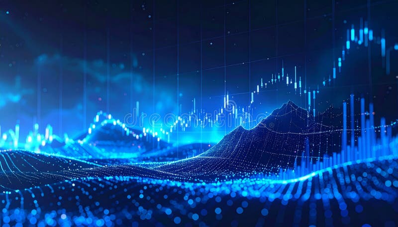 An abstract and futuristic visualization of financial market data, dominated by a vibrant blue color palette. Glowing lines, dots, and digital candlestick charts illustrate trends, growth, and analysis in a dynamic, interconnected landscape. The scene evokes concepts of technology, big data, global economy, and investment strategies. Ideal for backgrounds, presentations, and articles related to finance, fintech, business intelligence, and digital transformation, symbolizing progress and innovation in the financial world. Blockchain network analysis stock images, royalty-free photos and pictures