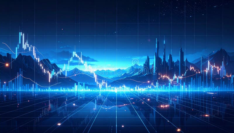 An abstract and futuristic digital landscape bathed in vibrant blue hues, featuring prominent financial candlestick and line charts overlaid on a stylized mountain and cityscape backdrop. Glowing data bars rise from a reflective surface, interconnected by a grid network, symbolizing global financial markets, cryptocurrency trends, and advanced data analytics. This high-tech illustration conveys concepts of investment, economic growth, technological innovation, and the interconnectedness of the digital economy, suitable for business, finance, and technology-related content. Blockchain network analysis stock images, royalty-free photos and pictures