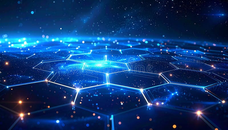 An abstract, futuristic digital background featuring a glowing blue hexagonal grid with interconnected nodes and bright light effects. The intricate geometric pattern suggests advanced technology, data flow, and global connectivity. Sparkling particles and bokeh lights enhance the high-tech, cyber-inspired atmosphere. Ideal for illustrating concepts related to artificial intelligence, big data, blockchain, networking, cybersecurity, and digital transformation in presentations, websites, and marketing materials. Blockchain network analysis stock images, royalty-free photos and pictures
