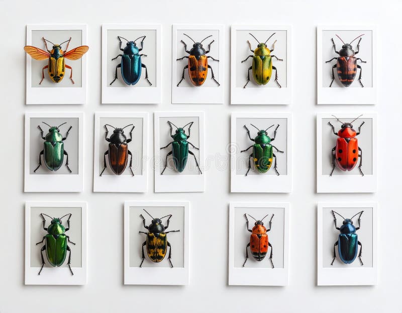 Colorful collection of beetles and insects framed on white background wall
