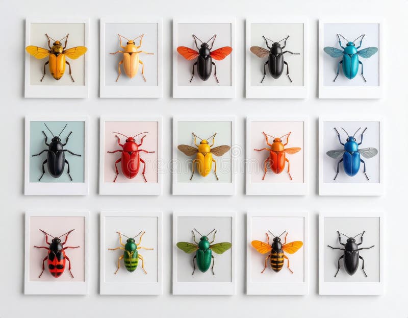 Colorful collection of beetles and insects framed on white background wall