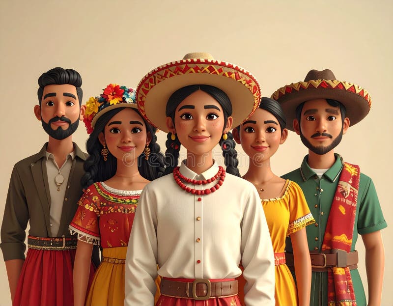 A vibrant illustration depicts a diverse group of five individuals, likely representing a family or community, dressed in colorful and traditional Mexican clothing. The central figures wear wide-brimmed sombreros, intricate embroidered garments, and bold accessories. The scene evokes a sense of cultural pride, celebration, and heritage, making it suitable for themes related to Mexico, Latin America, and cultural diversity. Hispanic family cartoon illustrations