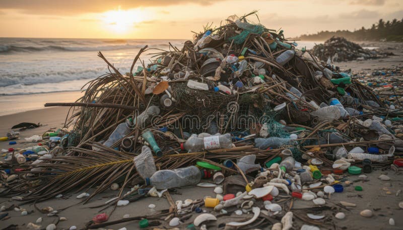Massive Plastic and Debris Pile on Polluted Beach at Sunset stock illustration