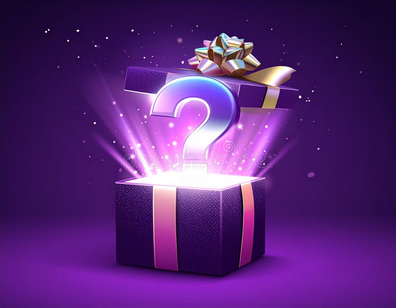 A glowing purple gift box with a lid slightly open, revealing a large 3D question mark inside. The box is adorned with a gold ribbon and bow, and emits a bright pinkish-purple light. Sparkles and particles are scattered around the box, enhancing its magical appearance against a dark purple background. The scene conveys a sense of mystery and surprise. Open the gift box with a question mark. Purple mystery box background. Al Generated. Question mark box surprise illustrations