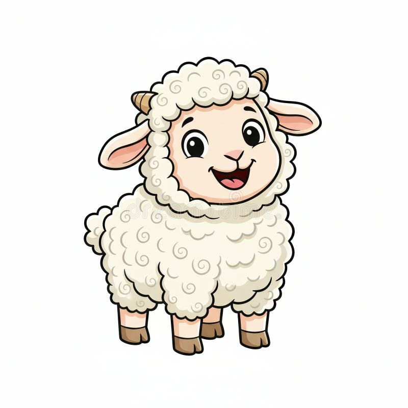 An adorable cartoon lamb illustration, featuring a fluffy white coat of wool with subtle curly textures. The charming character stands cheerfully, facing forward with a wide, happy smile and large, expressive black eyes. It has small brown horns, pink inner ears, and tiny brown hooves. The friendly baby sheep is isolated on a clean white background, making it perfect for children's books, nursery decor, educational materials, greeting cards, or any project needing a sweet and innocent farm animal mascot. Sweet lamb cartoon illustrations