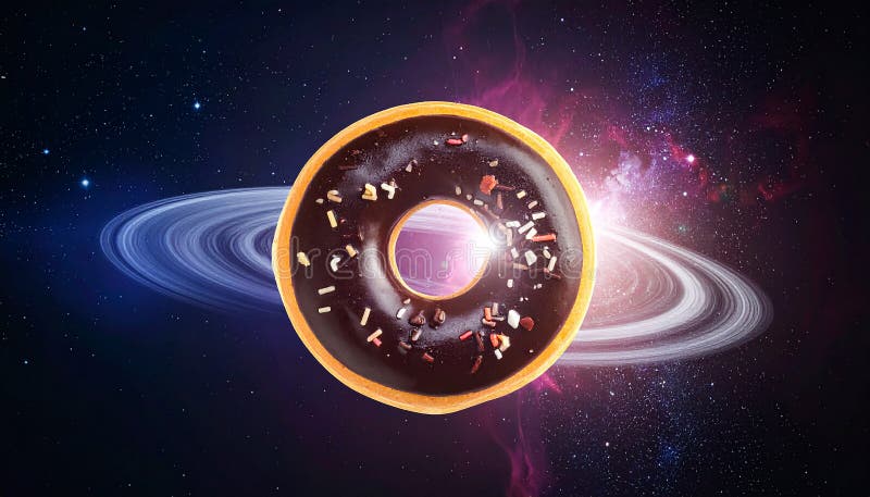 A donut floats in a cosmic setting. It features a glossy purple glaze adorned with colorful sprinkles and white edible stars, creating an outer space theme. The background showcases a starry galaxy, adding to the surreal and whimsical atmosphere. There is a space donut, dreams about food with surprise. Al Generated. Cosmic donut illustrations