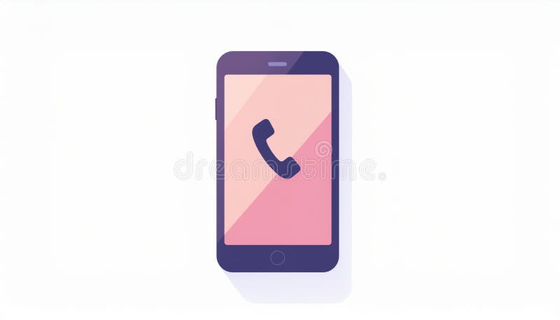 A minimalist flat design vector illustration depicting a modern smartphone. The device features a sleek dark purple body with a vibrant pink and purple gradient screen. A prominent dark blue phone call receiver icon is centrally displayed on the screen, symbolizing communication. This clean graphic represents mobile connectivity, incoming or outgoing calls, and general telecommunication. Ideal for web design, app interfaces, presentations, articles, or any digital project requiring a clear visual for contact, customer support, or modern technology themes. The image is set against a simple white background, offering versatile use. Outgoing call vectors