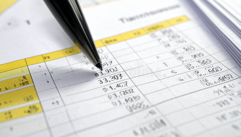 Close-up of a financial ledger with a pen, illustrating accounting, budgeting, or bookkeeping processes. Perfect for business finance, accounting reports, and financial management articles or projects. Accounting processes illustrations