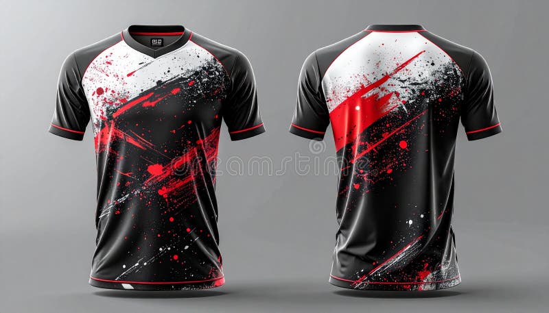 Dynamic Black Red White Grunge Sports Jersey Design - Front and Back View vector illustration