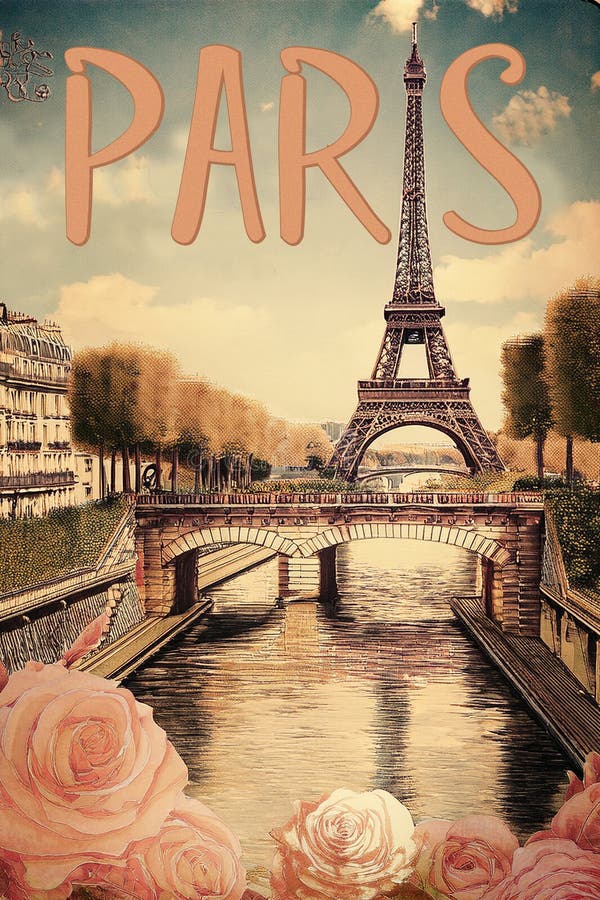 Paris France Vintage Travel Poster with Eiffel Tower and roses