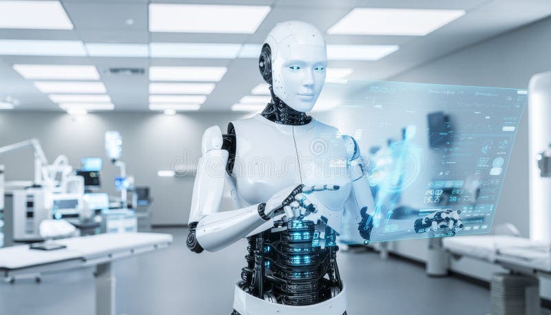 A humanoid robot in a high-tech laboratory operates a transparent digital interface stock illustration