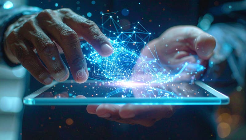 A person\'s hands interact with a translucent tablet, featuring a holographic 3D network vector illustration
