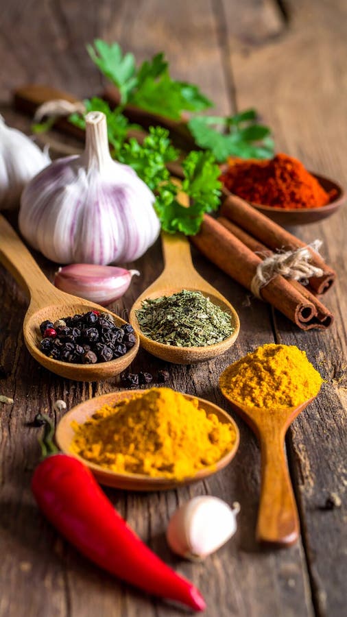 Spices- Curry- Chilli- Cinnamon- Curcuma- Garlic- Parsley- Oregano- Salt and Pepper royalty free illustration