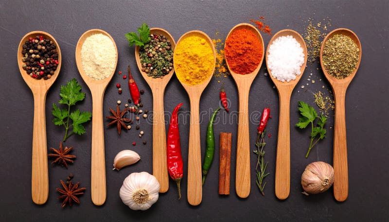 Spices- Curry- Chilli- Cinnamon- Curcuma- Garlic- Parsley- Oregano- Salt and Pepper royalty free illustration