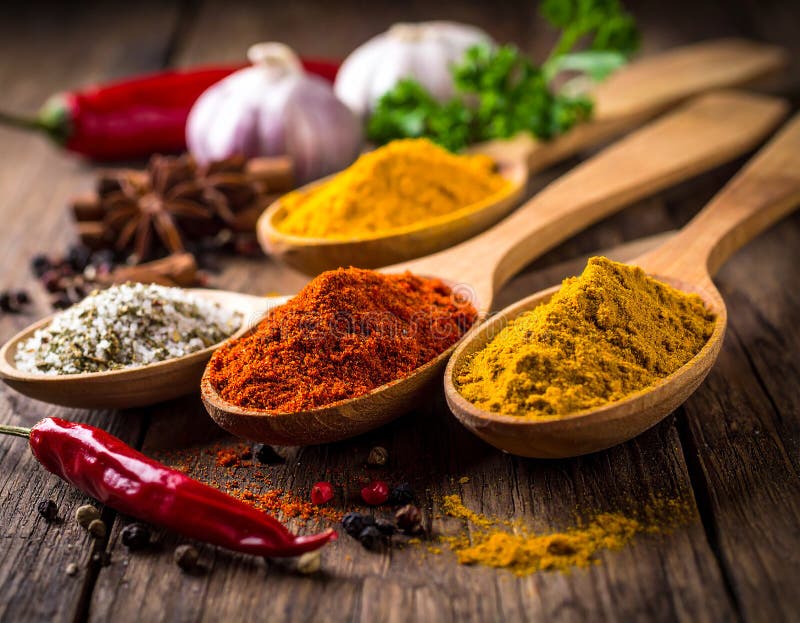 Spices- Curry- Chilli- Cinnamon- Curcuma- Garlic- Parsley- Oregano- Salt and Pepper vector illustration