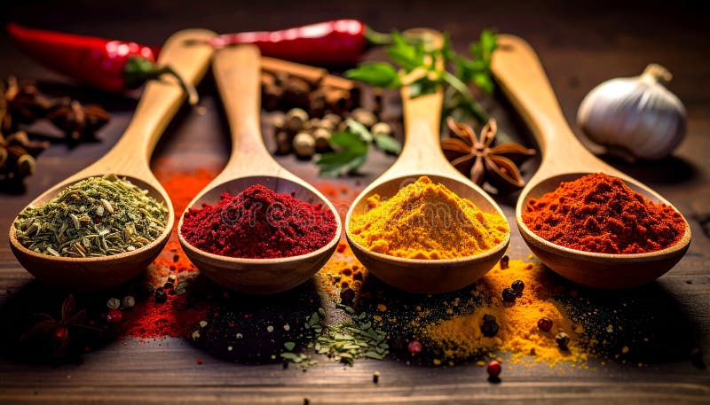 Spices- Curry- Chilli- Cinnamon- Curcuma- Garlic- Parsley- Oregano- Salt and Pepper stock illustration