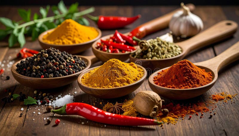 Spices- Curry- Chilli- Cinnamon- Curcuma- Garlic- Parsley- Oregano- Salt and Pepper vector illustration