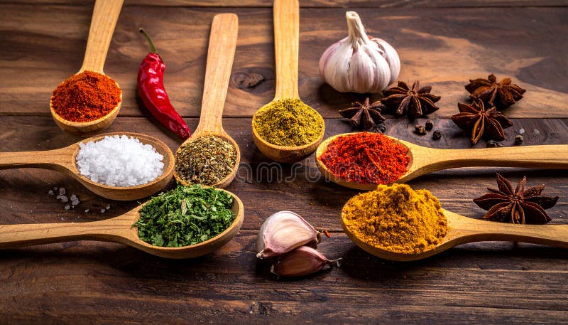 Spices- Curry- Chilli- Cinnamon- Curcuma- Garlic- Parsley- Oregano- Salt and Pepper royalty free illustration