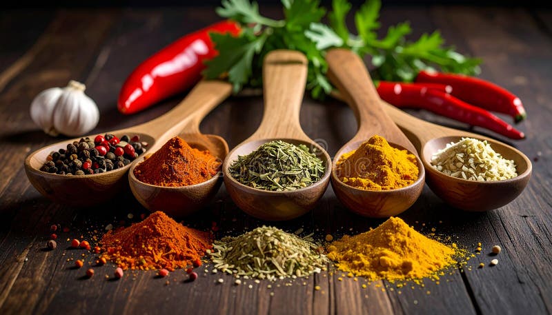Spices- Curry- Chilli- Cinnamon- Curcuma- Garlic- Parsley- Oregano- Salt and Pepper vector illustration