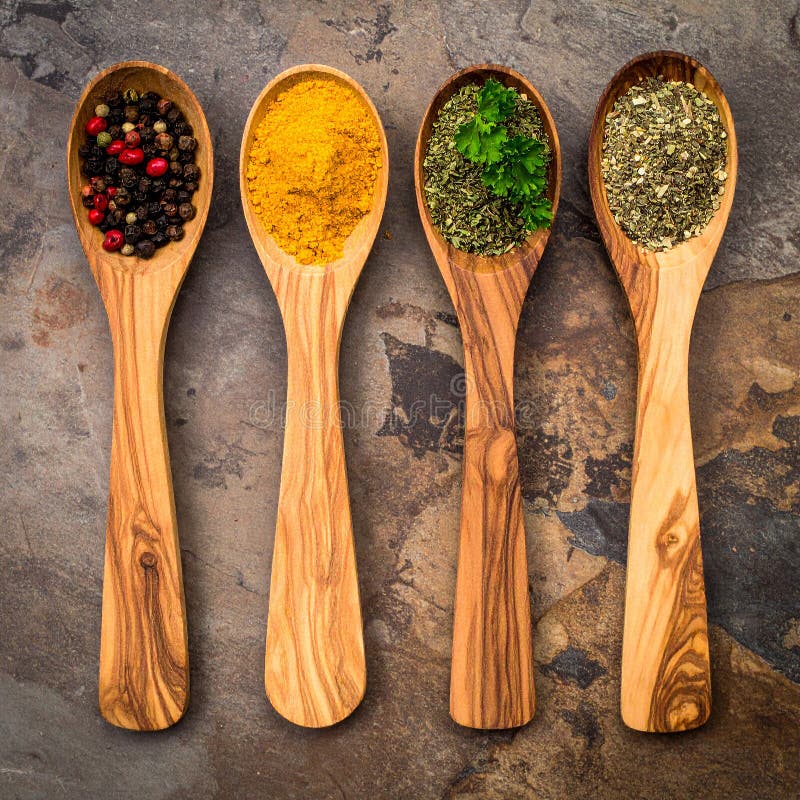 Spices- Curry- Chilli- Cinnamon- Curcuma- Garlic- Parsley- Oregano- Salt and Pepper royalty free illustration