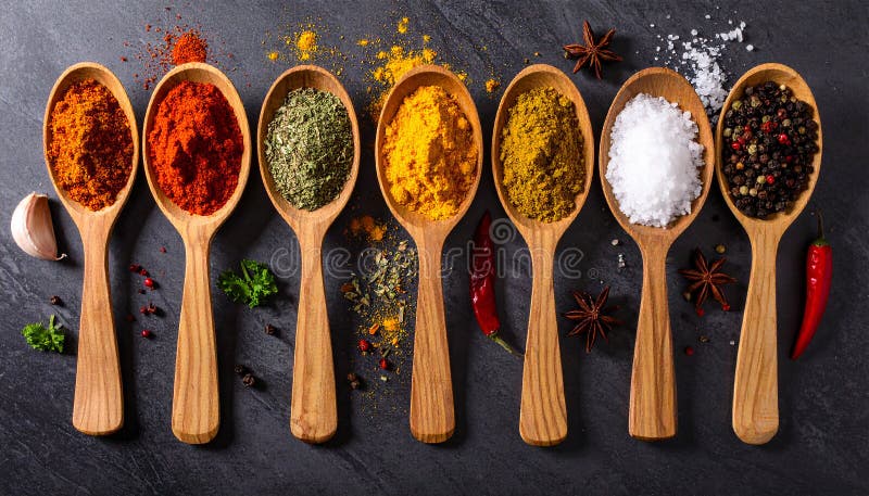 Spices- Curry- Chilli- Cinnamon- Curcuma- Garlic- Parsley- Oregano- Salt and Pepper vector illustration