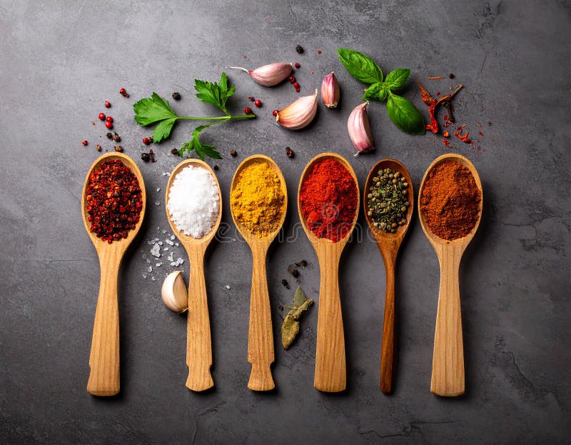 Spices- Curry- Chilli- Cinnamon- Curcuma- Garlic- Parsley- Oregano- Salt and Pepper vector illustration