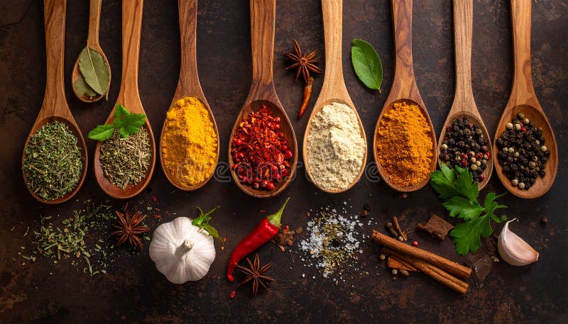 Spices- Curry- Chilli- Cinnamon- Curcuma- Garlic- Parsley- Oregano- Salt and Pepper stock illustration
