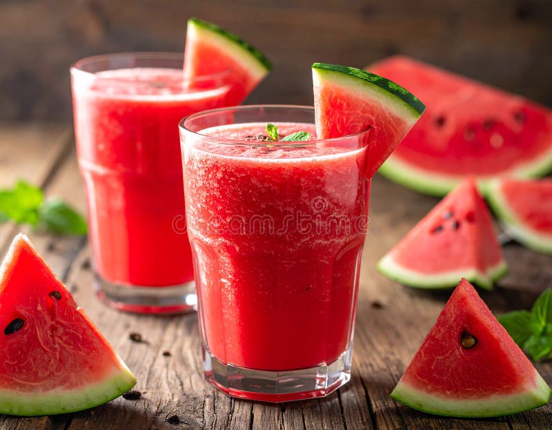 A refreshing setting with a tropical beach backdrop features a wooden table holding a glass of vibrant red watermelon juice, garnished with mint and a straw. Surrounding the glass are several slices of ripe watermelon (Citrullus lanatus). Palm trees provide a lush, green frame to the idyllic scene, with the turquoise sea and clear blue sky enhancing the tropical ambiance. The image evokes a sense of summertime relaxation. Fresh watermelon smoothie on a wooden table. Al Generated. Several fresh mint illustrations